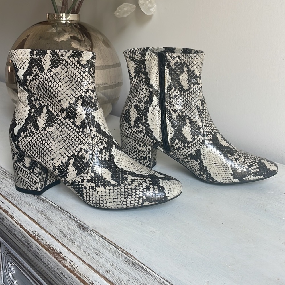 Round toe, snake skin booties. NEVER WORN